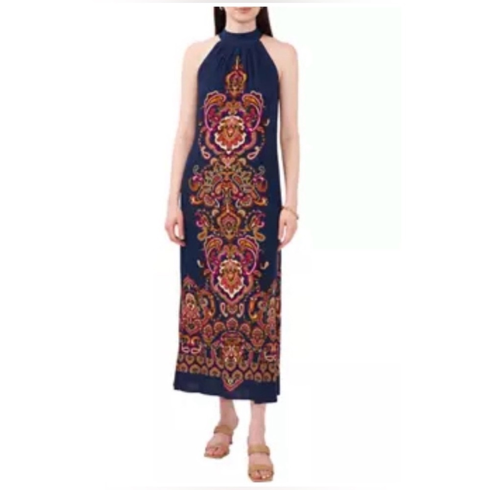 MSK Navy Blue CHALLIS Printed Halter Dress Sz M